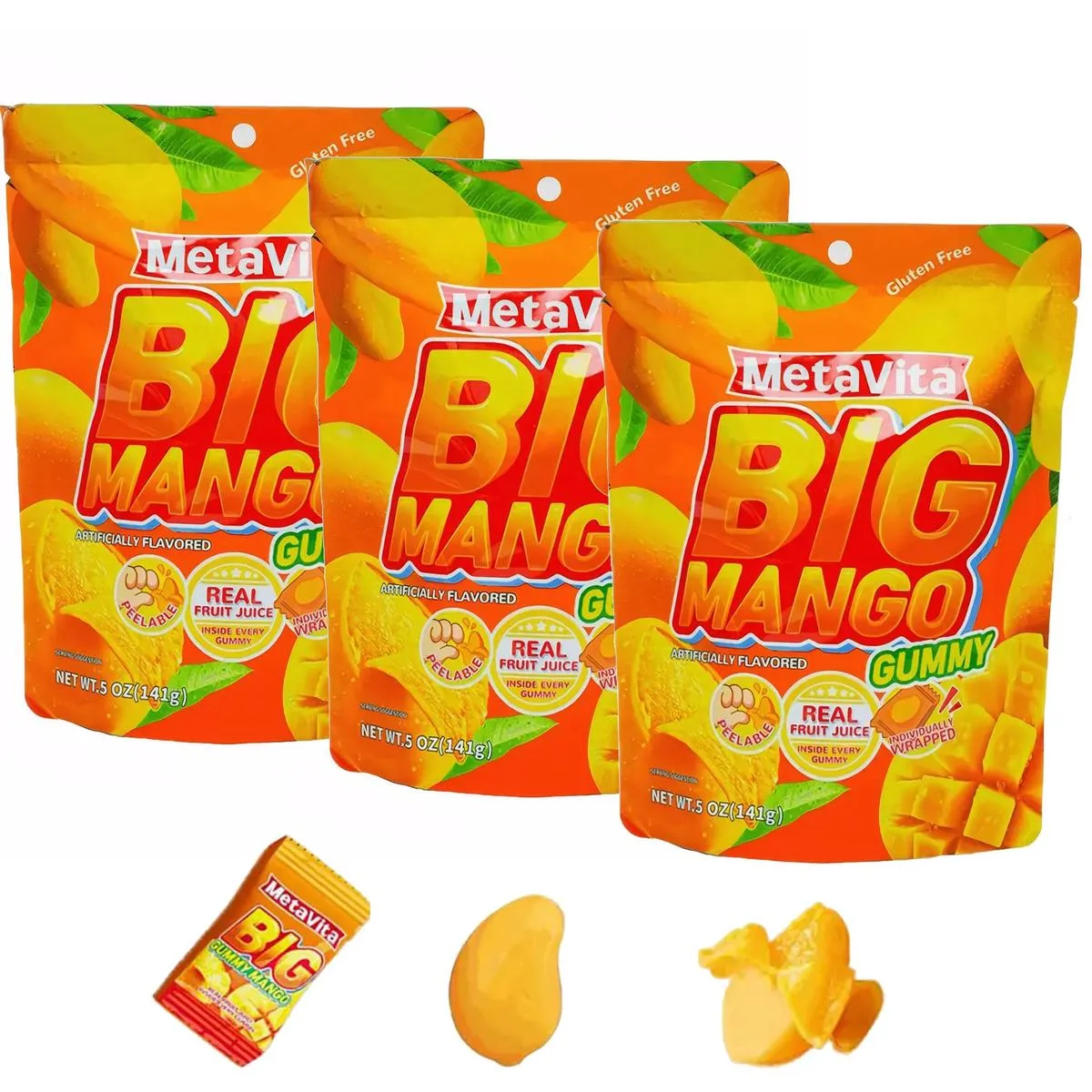 (3 Packs) MetaVita – Big Mango Gummy Candy – Individually Wrapped Peelable Mango Gummies with Real Puree – Chewy, Gluten-Free –