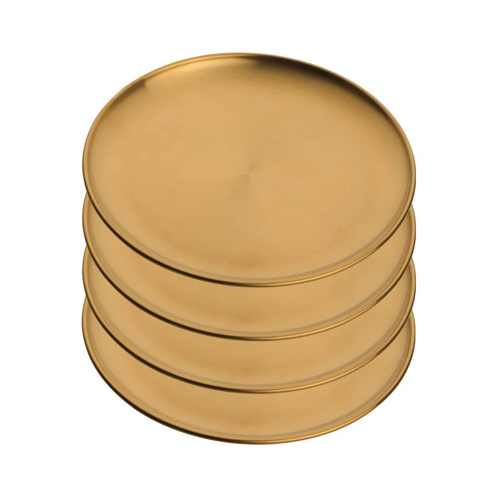 4-Piece Stainless Steel Dinner Plates Dessert Salad Plates Set Indian, Mingcheng 9.1 Inch Colorful Metal Platter For Camping, Un