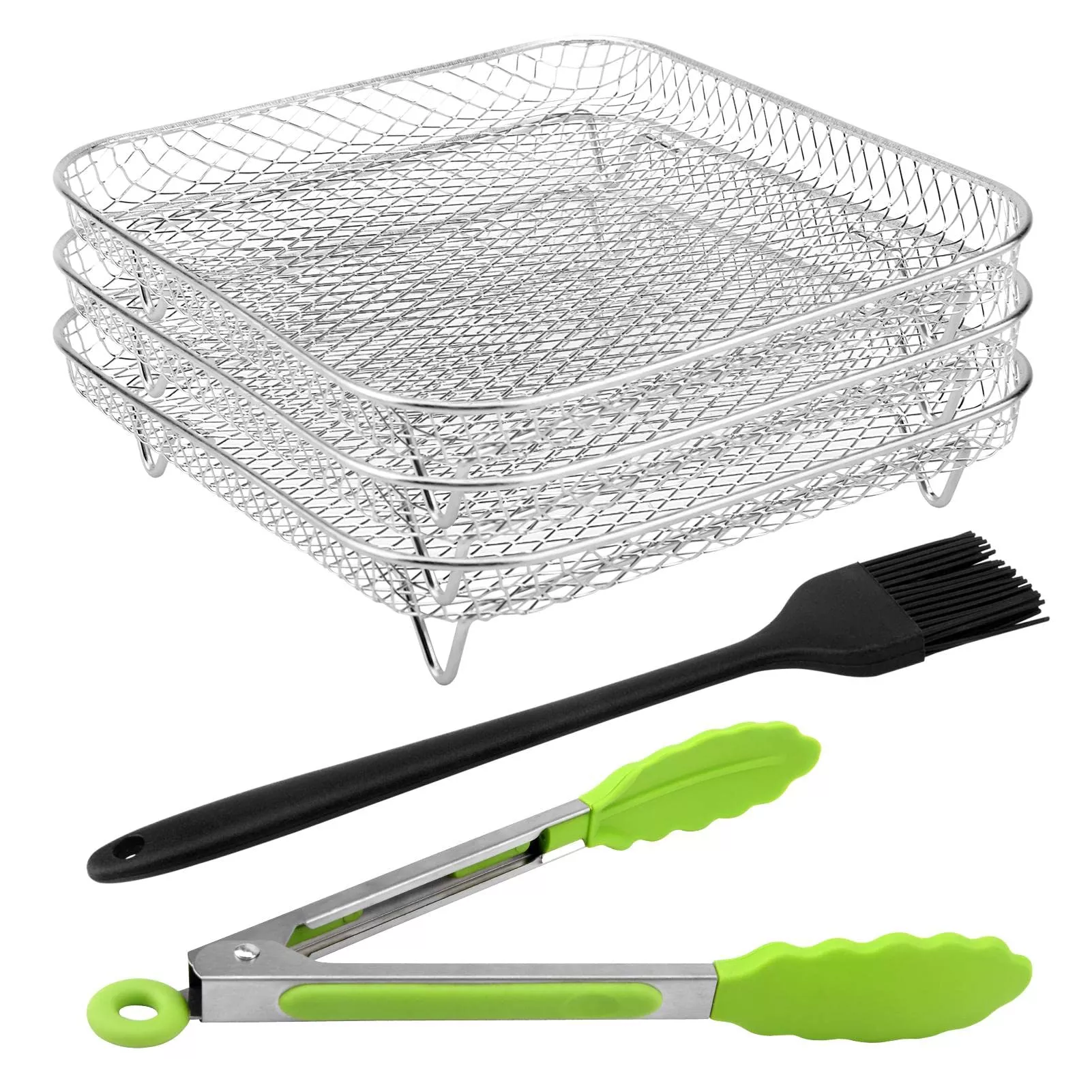 CALIDAKA 8" Stainless Steel Air Fryer Rack - Three-Layer Design, Fits 5.8QT-6QT, Silver, Includes Rustproof Oil Brush & Food Clip