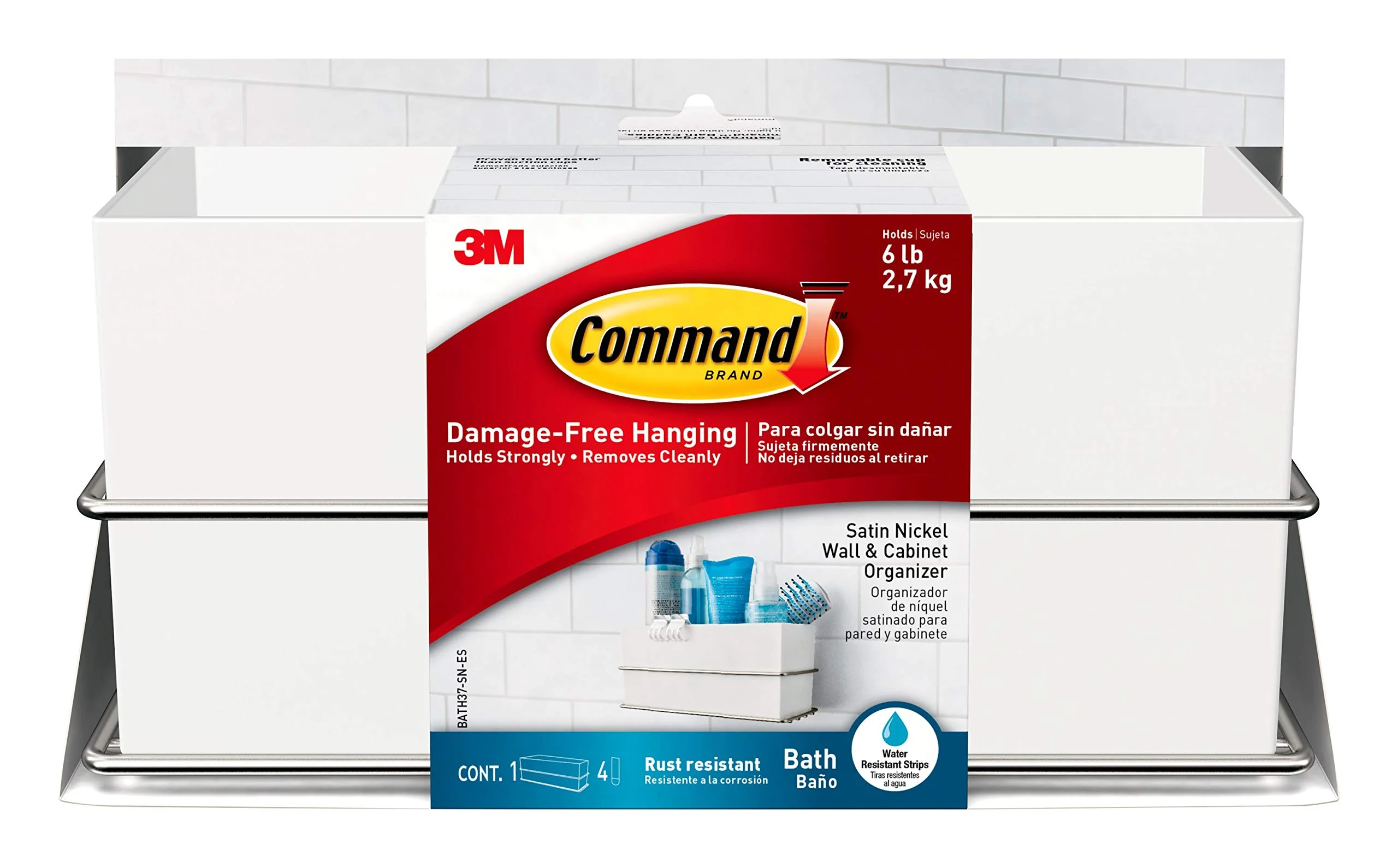 Command Wall And Cabinet Organizer, Holds Up To 6 Lb, 9.5'' X 4.4'' X 4.4'', Satin Nickel, 1 Bathroom Organizer With 4 Water Res