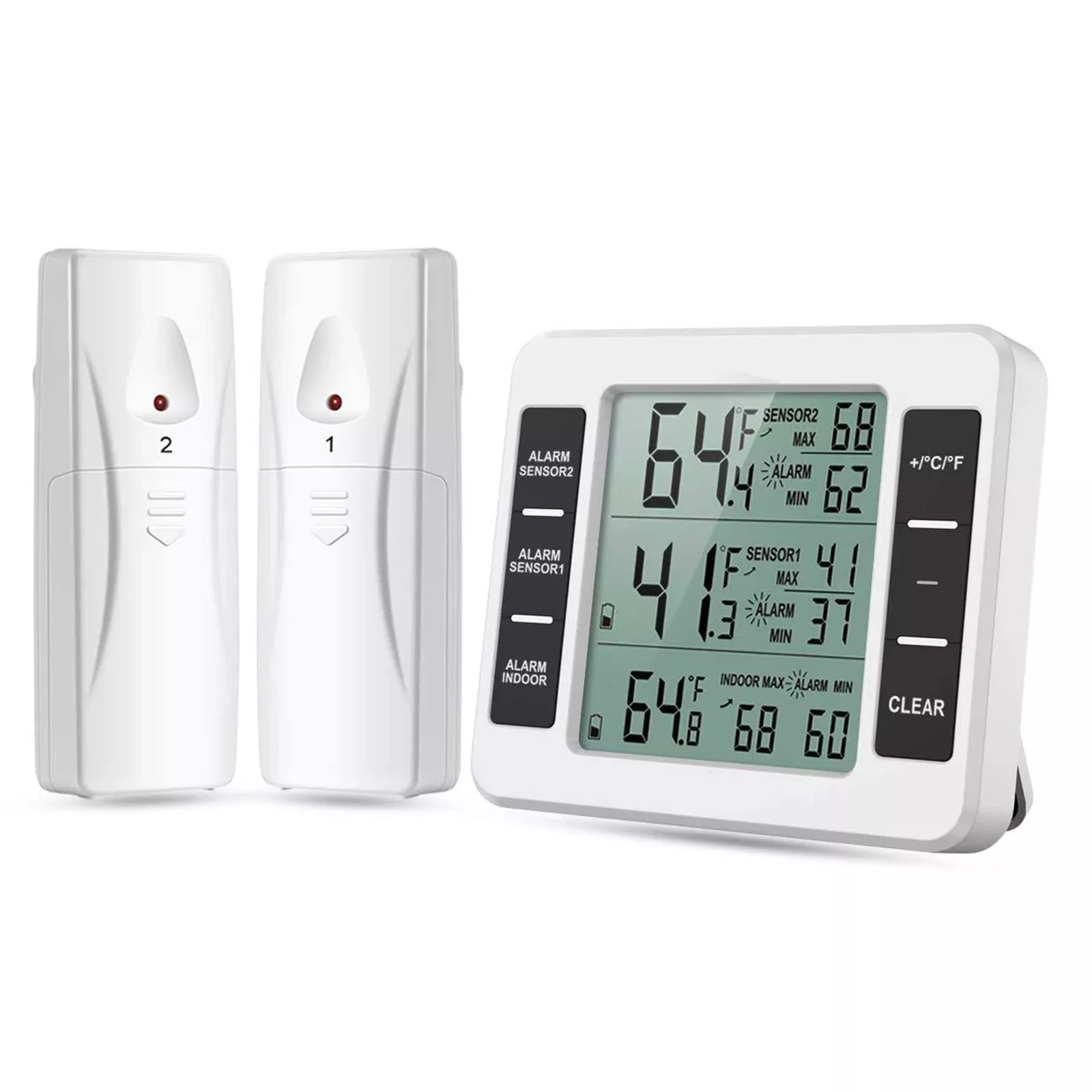 Eboxer Digital Refrigerator Thermometer with Audible Alarm, Min Temp Display, 2 Sensors - White