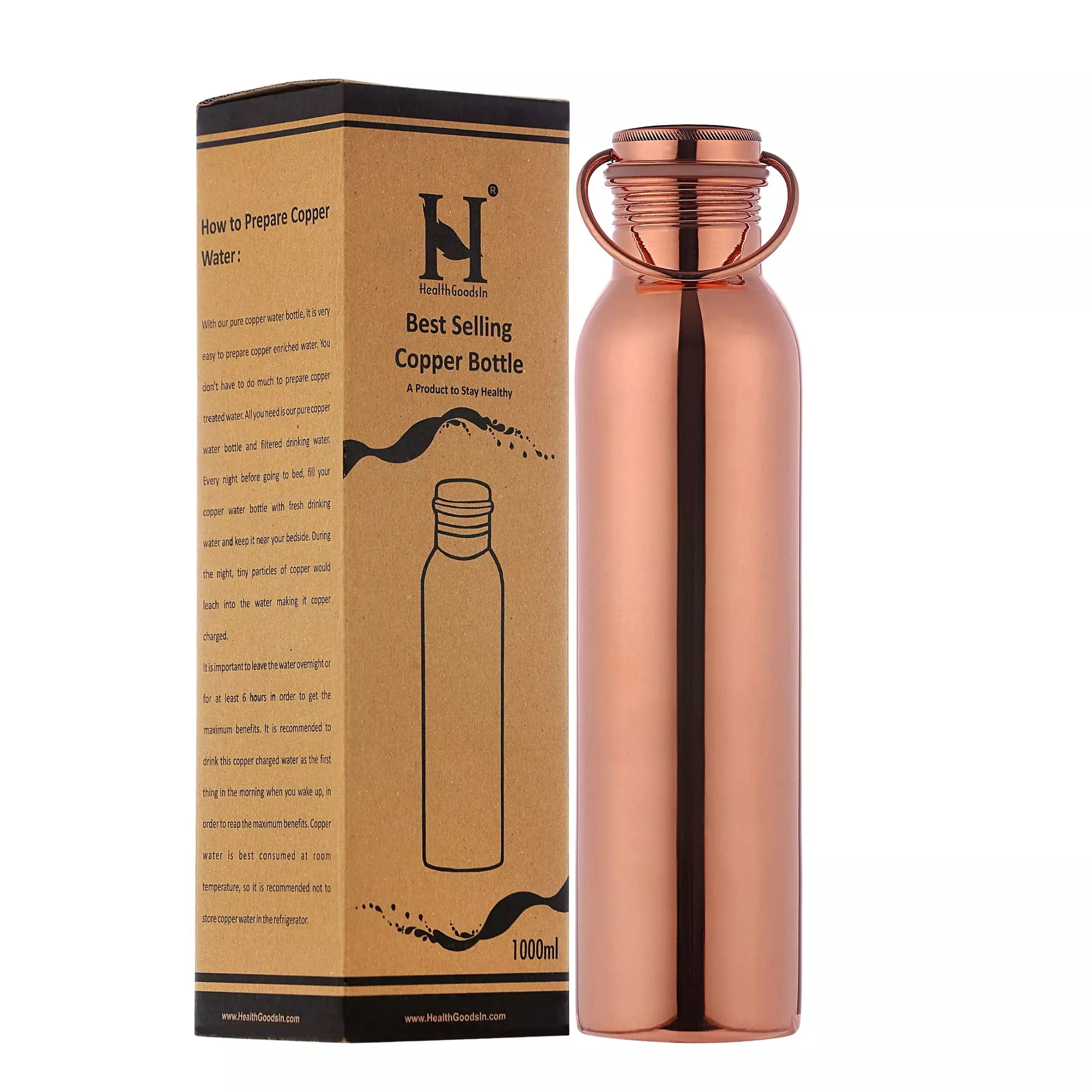 HealthGoodsIn Pure Copper Water Bottle 1000 ML - Leakproof Ayurvedic Design with Carrying Handle, Copper Finish