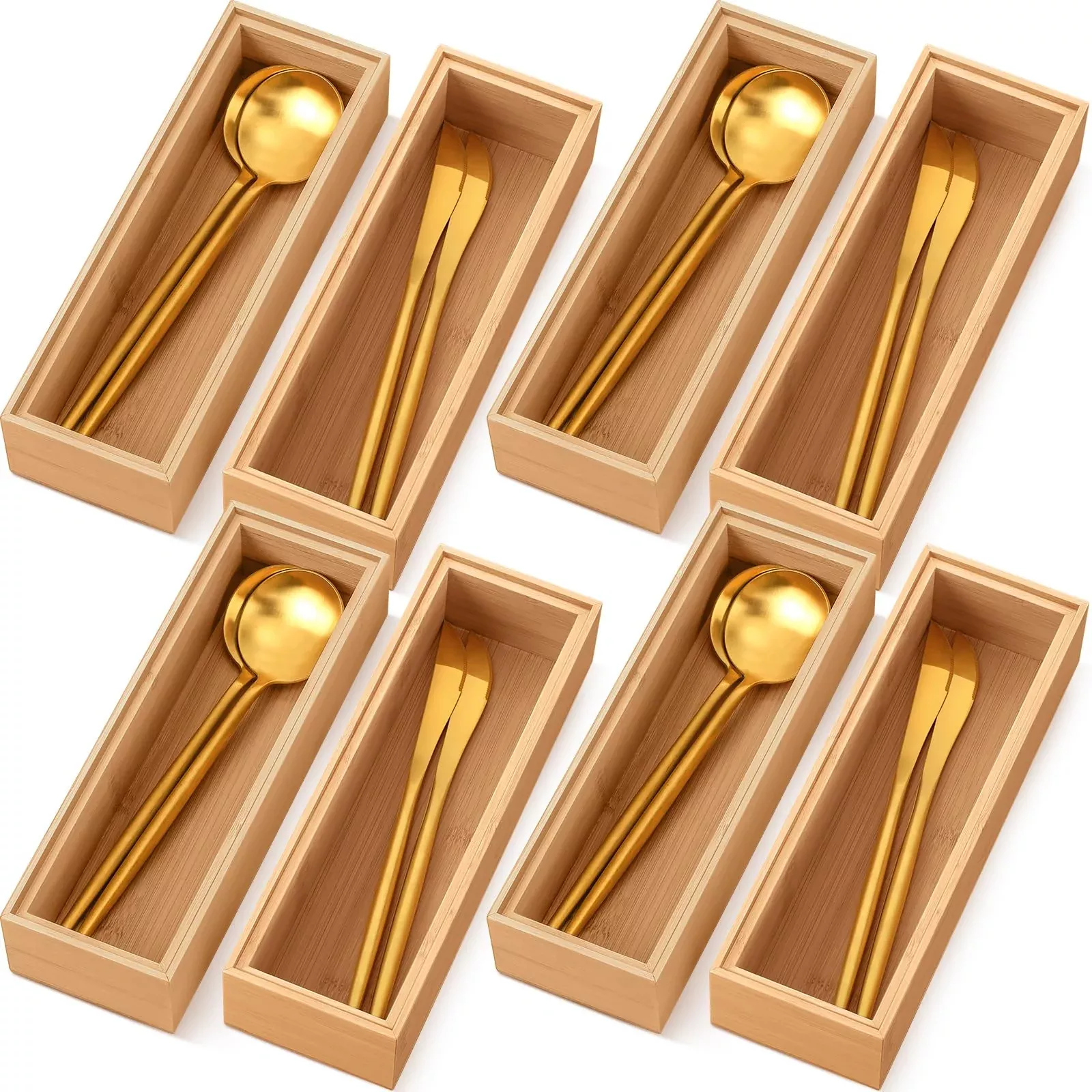 Kigley 8 Pieces Bamboo Drawer Organizer Kitchen Utensils Wooden Utensil Organizer For Drawers Stackable Wooden Storage Box Bambo