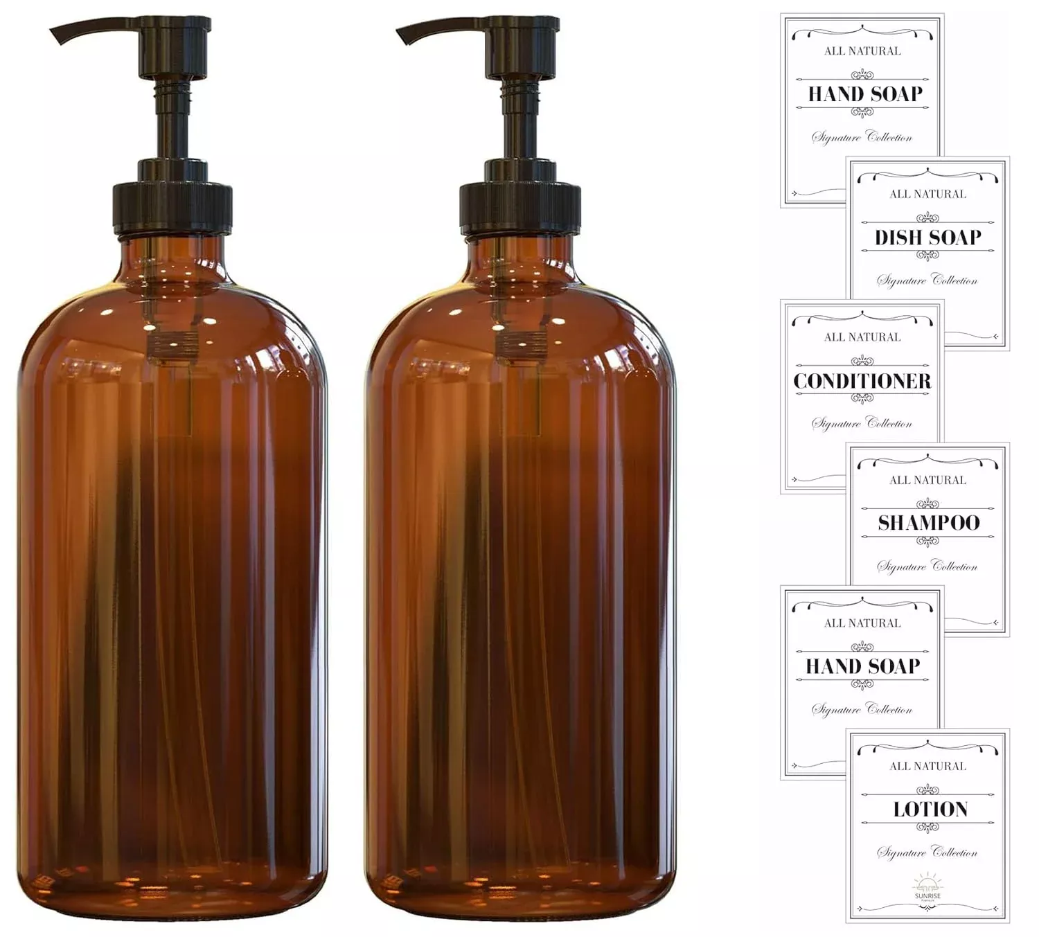 Sunrise Premium, 16 Oz Thick Amber Glass Soap Dispenser With Plastic Pump 2 Pack, Hand And Dish Soap Dispenser Set For Bathroom