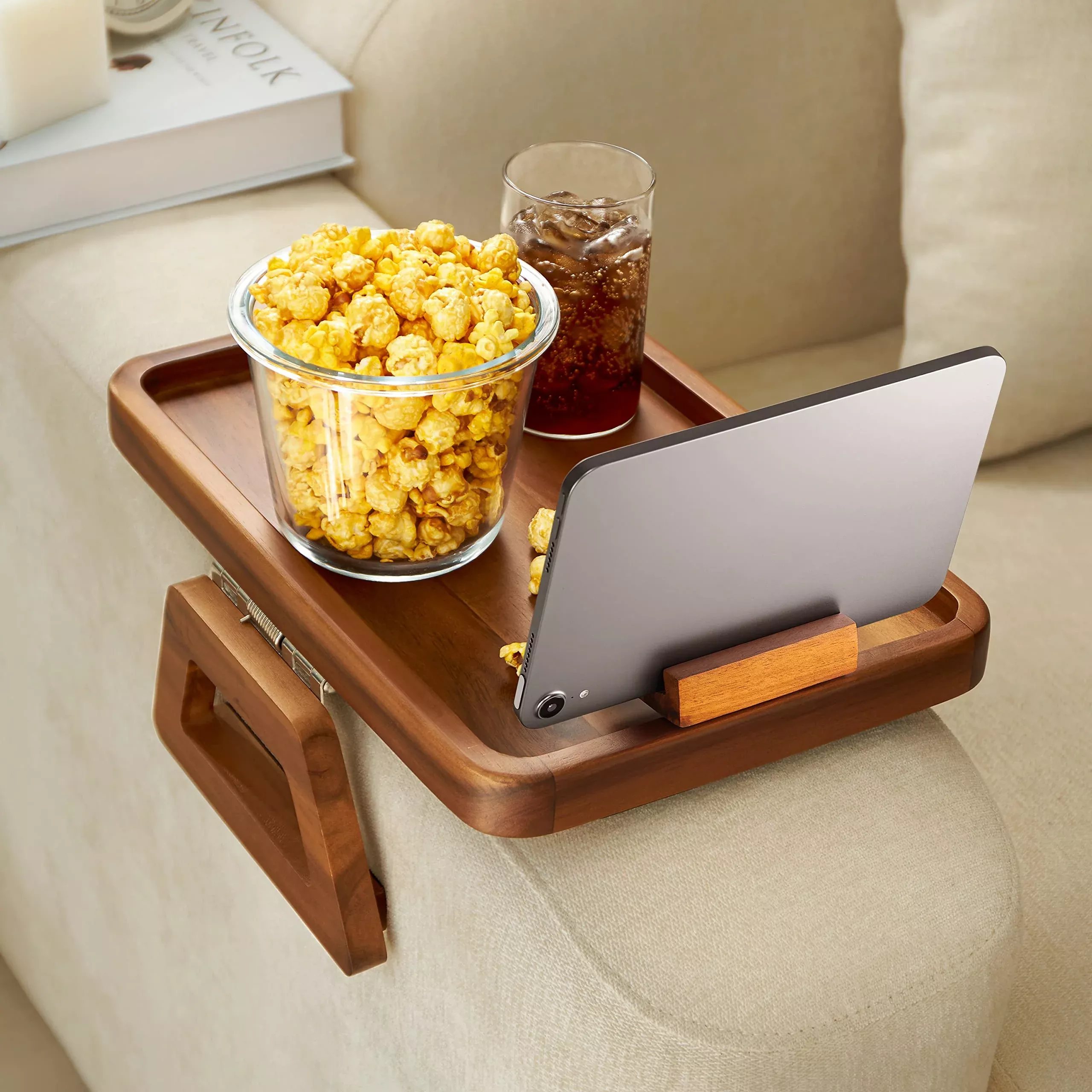 Tinamo Acacia Wood Sofa Armrest Tray - 360° Rotating Couch Table - Model AT01 - Perfect for Wide Couches - Phone Holder Included