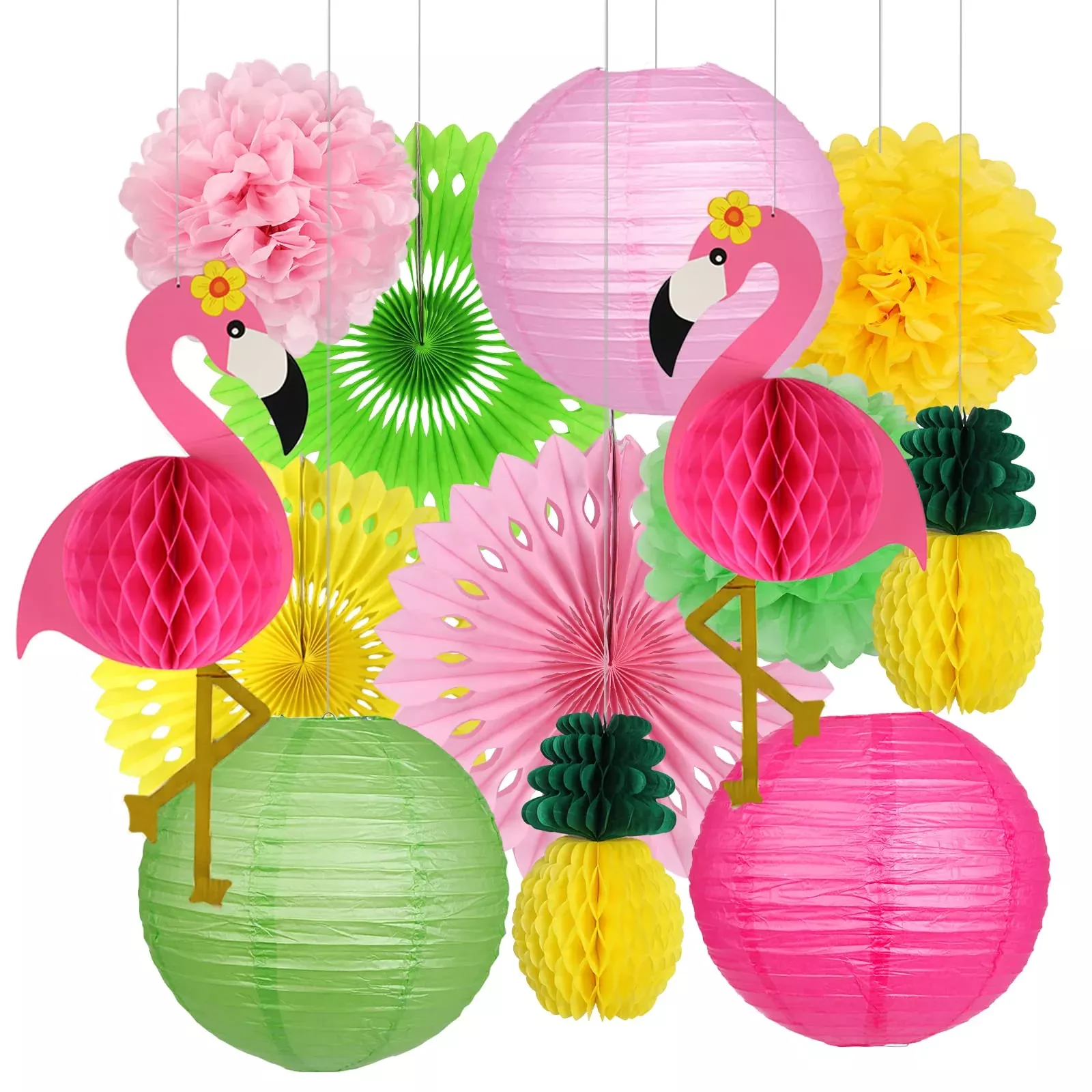 Yunxuan Flamingo Party Supplies, Hawaiian Party Decorations Flamingo And Pineapple Honeycomb Ball Paper Lanterns Paper Fans Pom